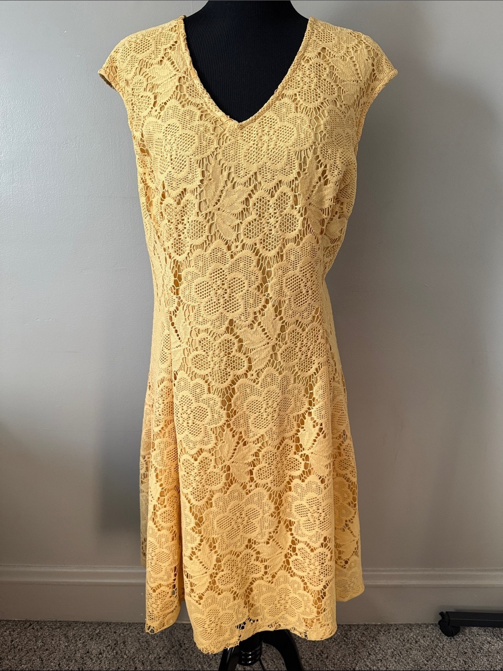 Liz Claiborne Yellow Crochet Lace V-Neck A-line Dress Sz 18 No Waist Seam